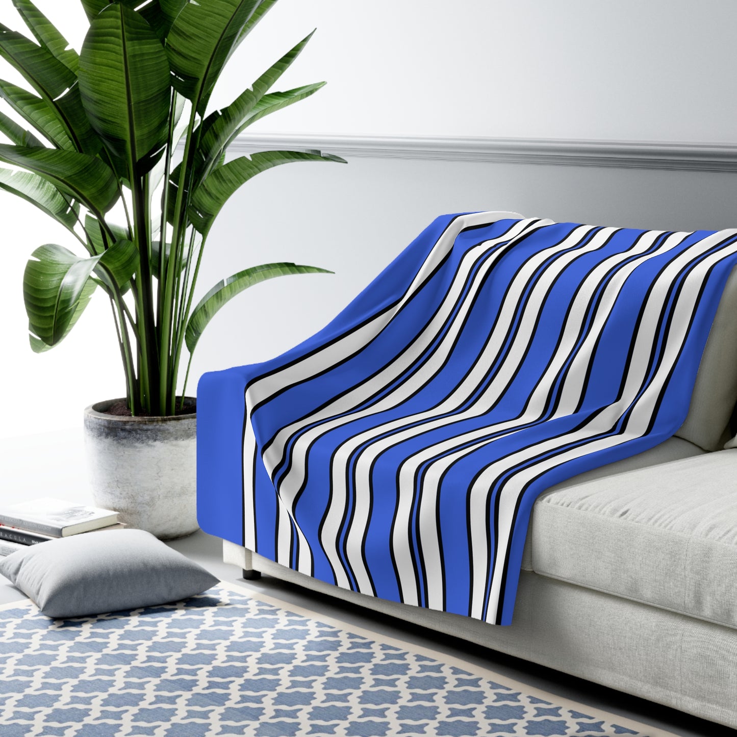 Royal Blue, White Retro Stripes Blanket Throw