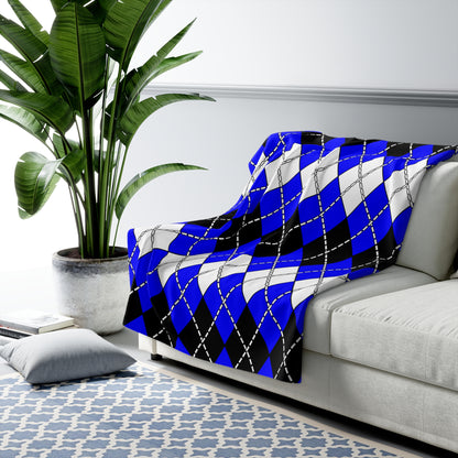 Blue, Black, White Retro Argyle Blanket Throw