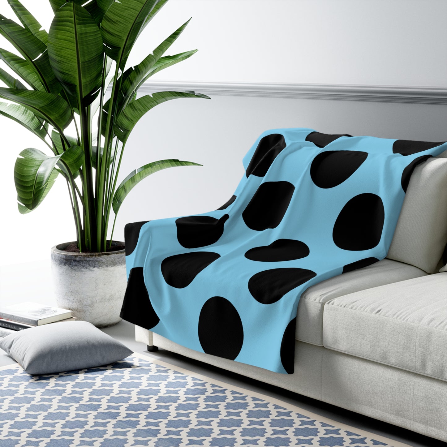 Sky Blue, Black Retro Polka Dots Blanket Throw