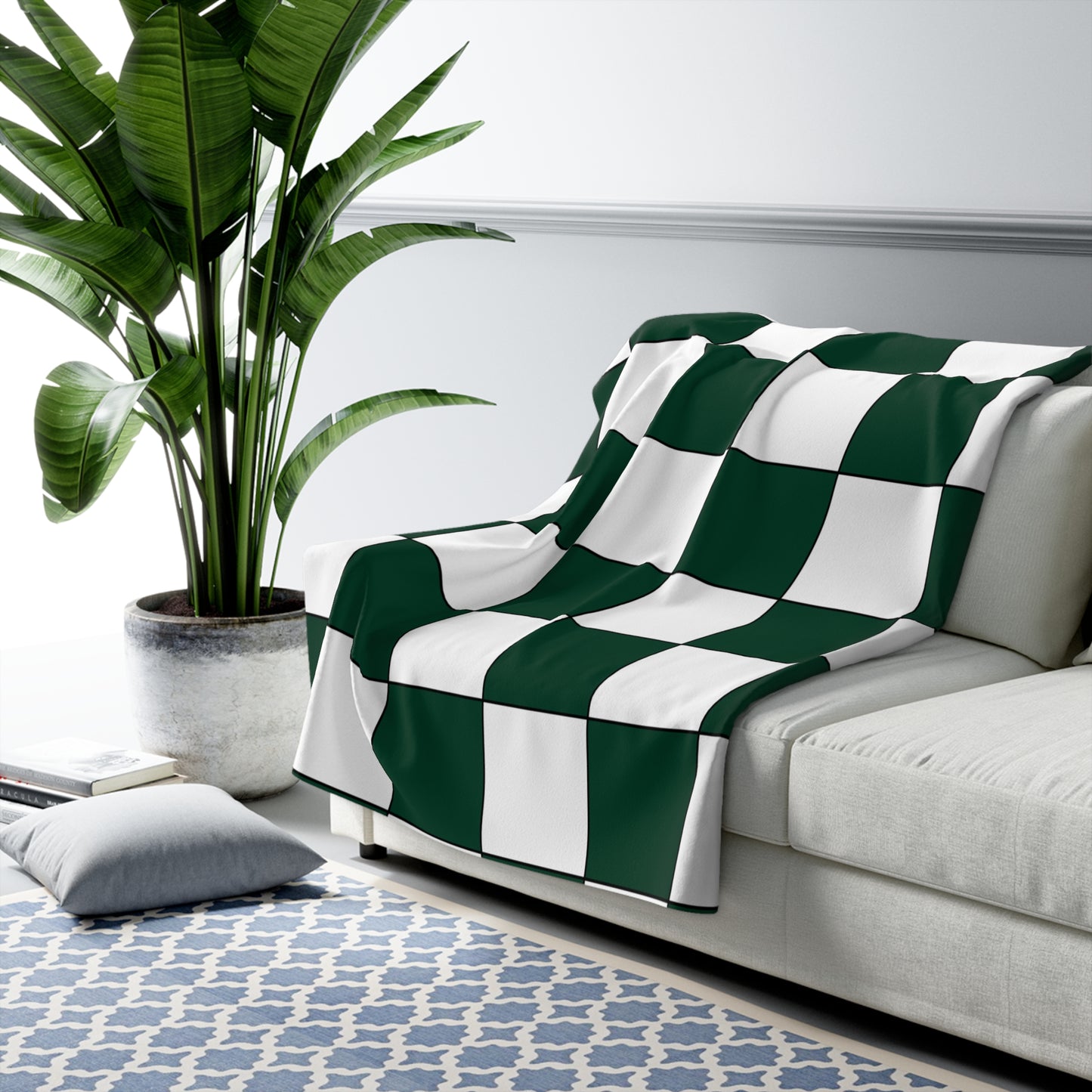 Dark Green, White Retro Check Blanket Throw