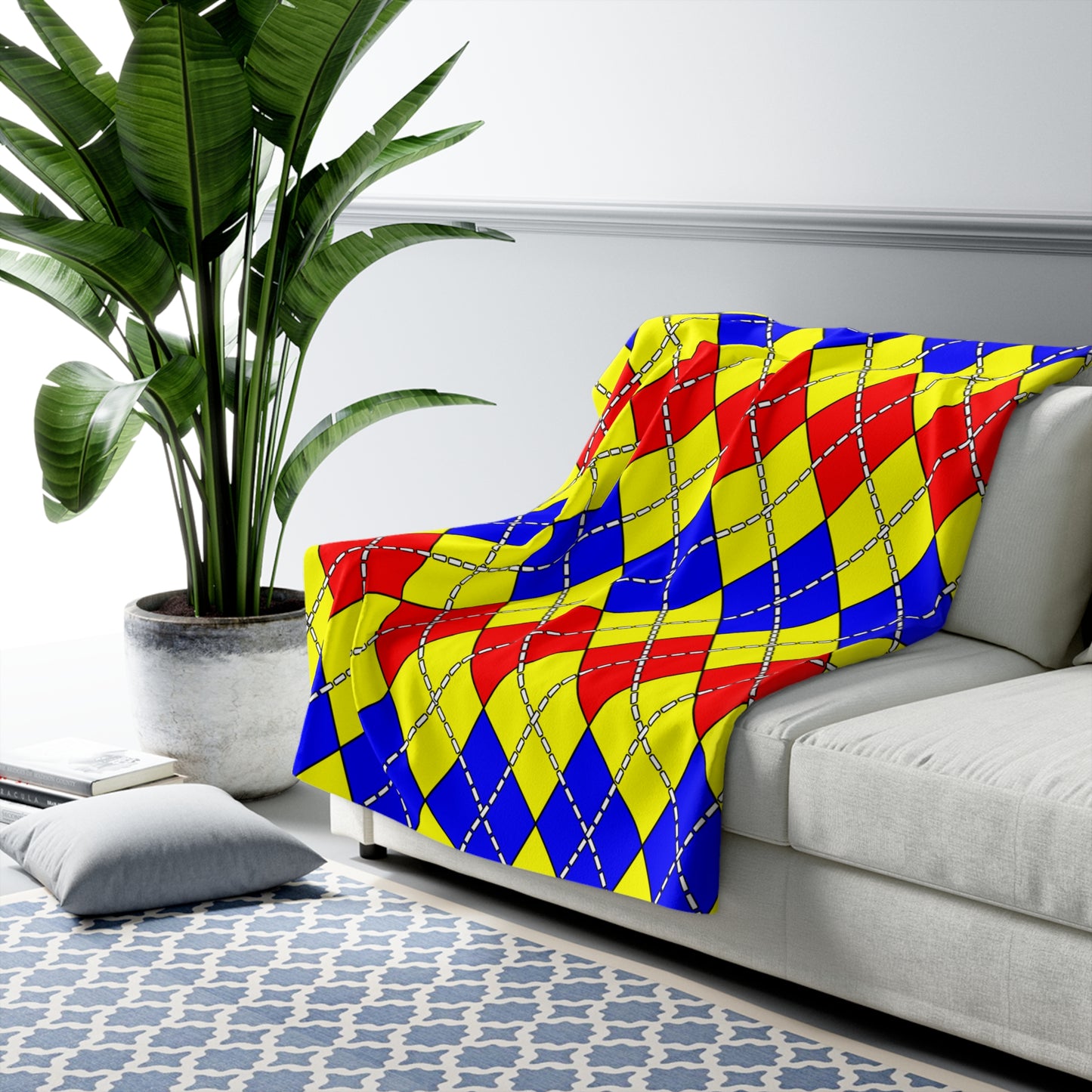 Yellow, Blue, Red Retro Argyle Blanket Throw