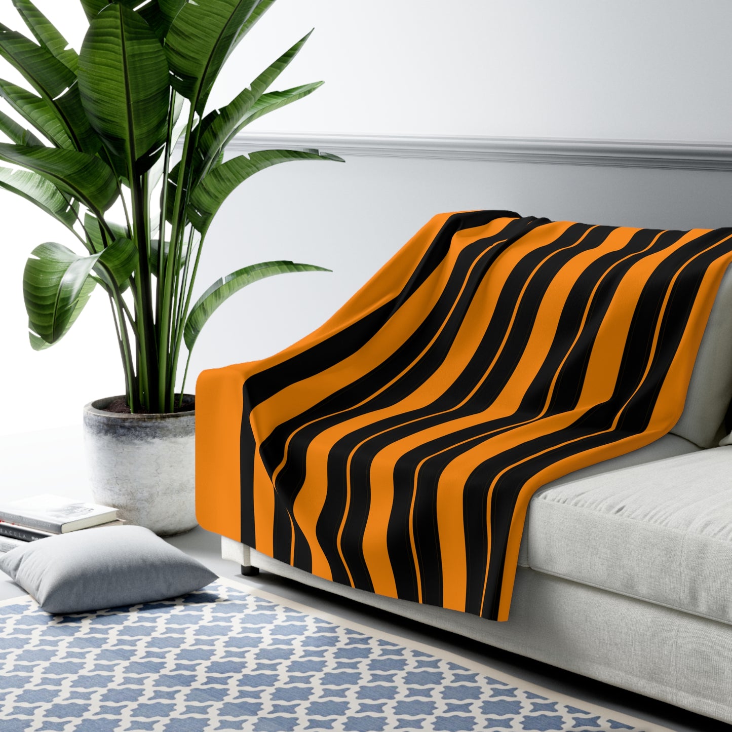 Dark Orange, Black Retro Stripes Blanket Throw