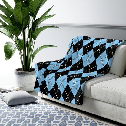 Light Blue, Black Retro Argyle Blanket Throw