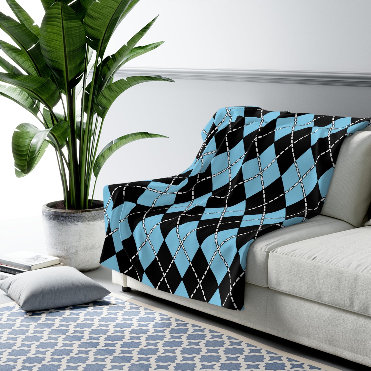 Sky Blue, Black Retro Argyle Blanket Throw