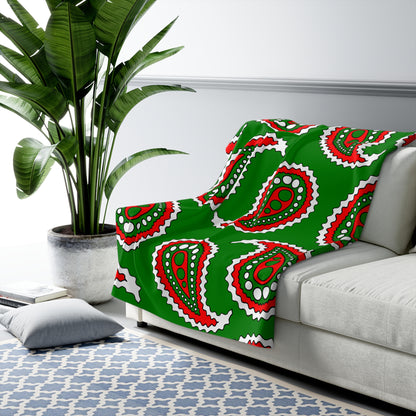 Green, White, Red Retro Paisley Blanket Throw