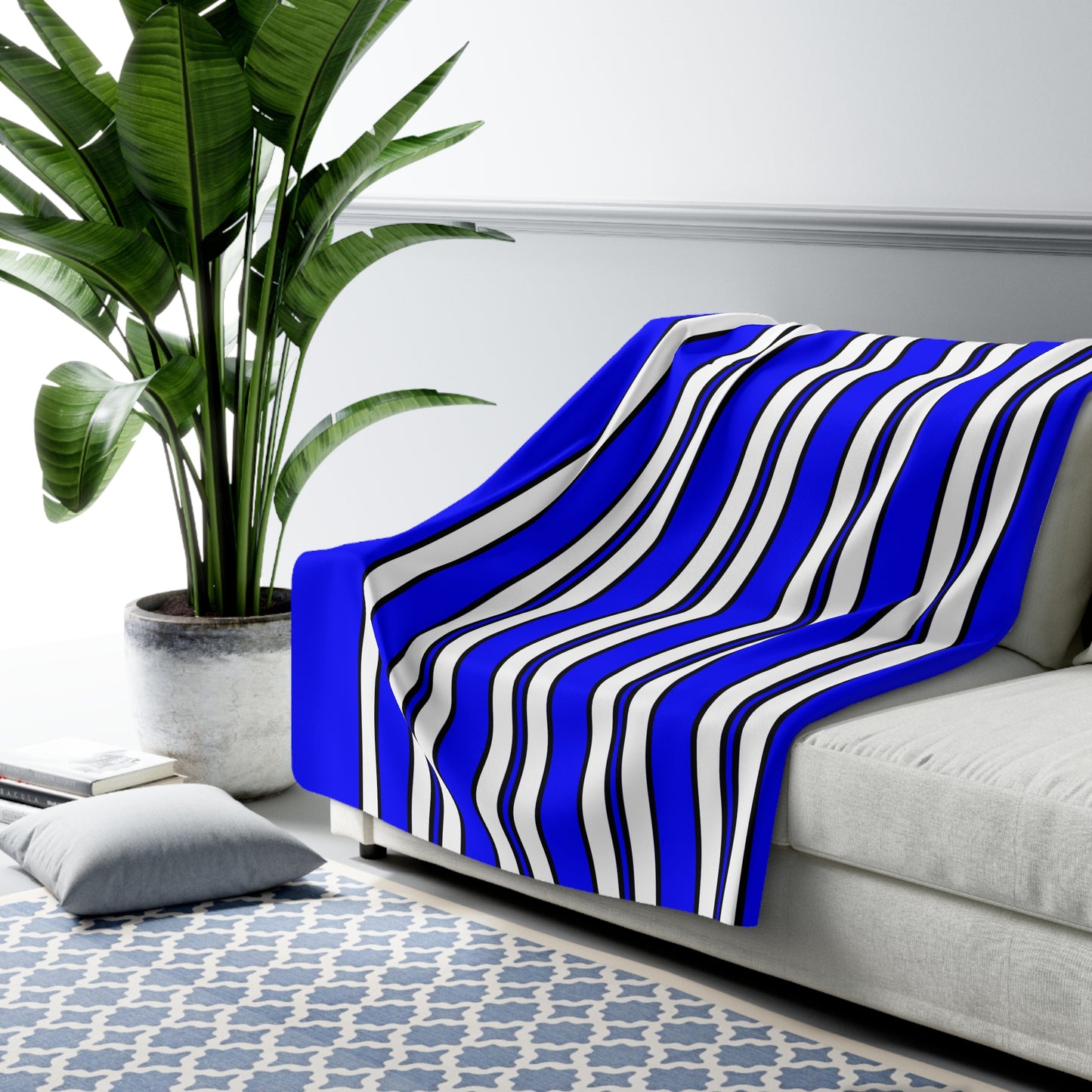 Blue, White Retro Stripes Blanket Throw