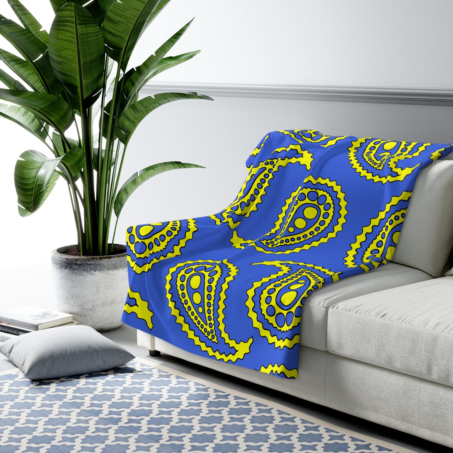 Royal Blue, Yellow Retro Paisley Blanket Throw