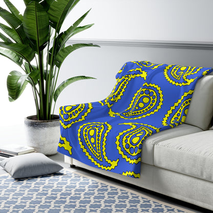 Royal Blue, Yellow Retro Paisley Blanket Throw