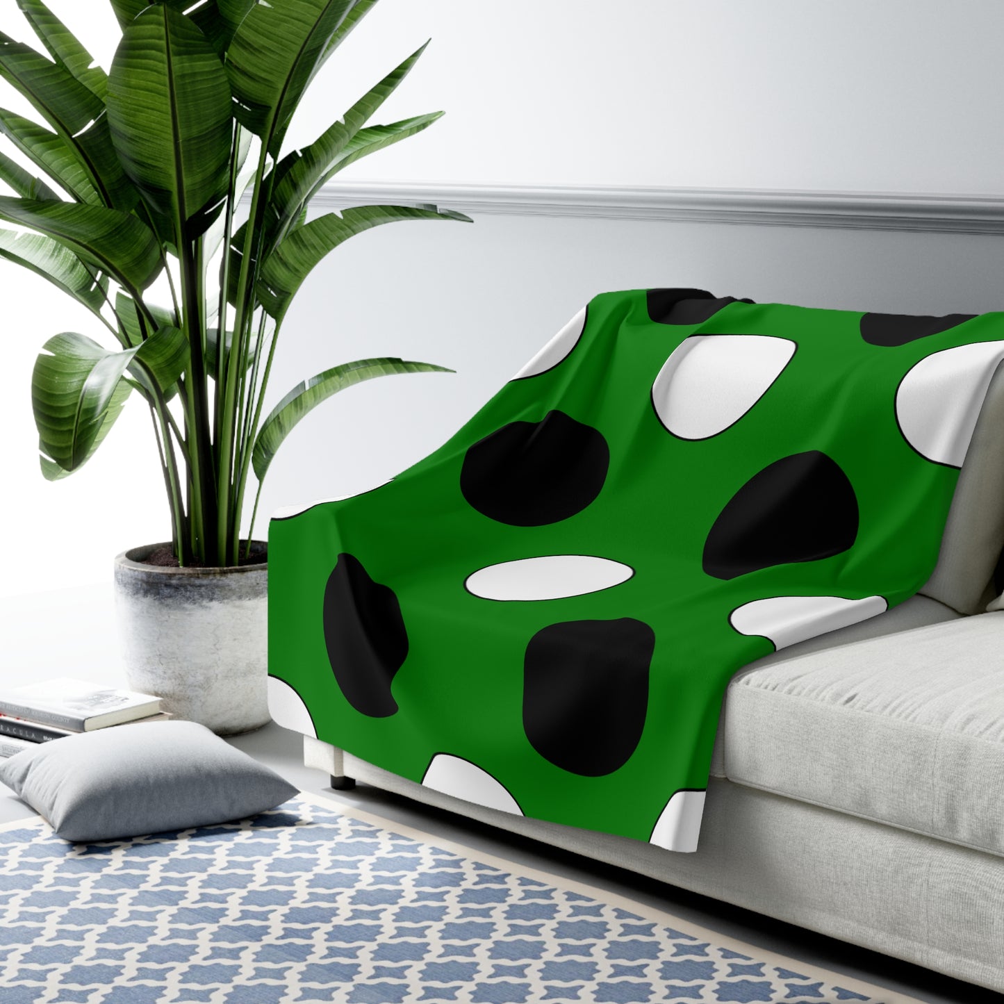 Green, Black, White Retro Polka Dots Blanket Throw