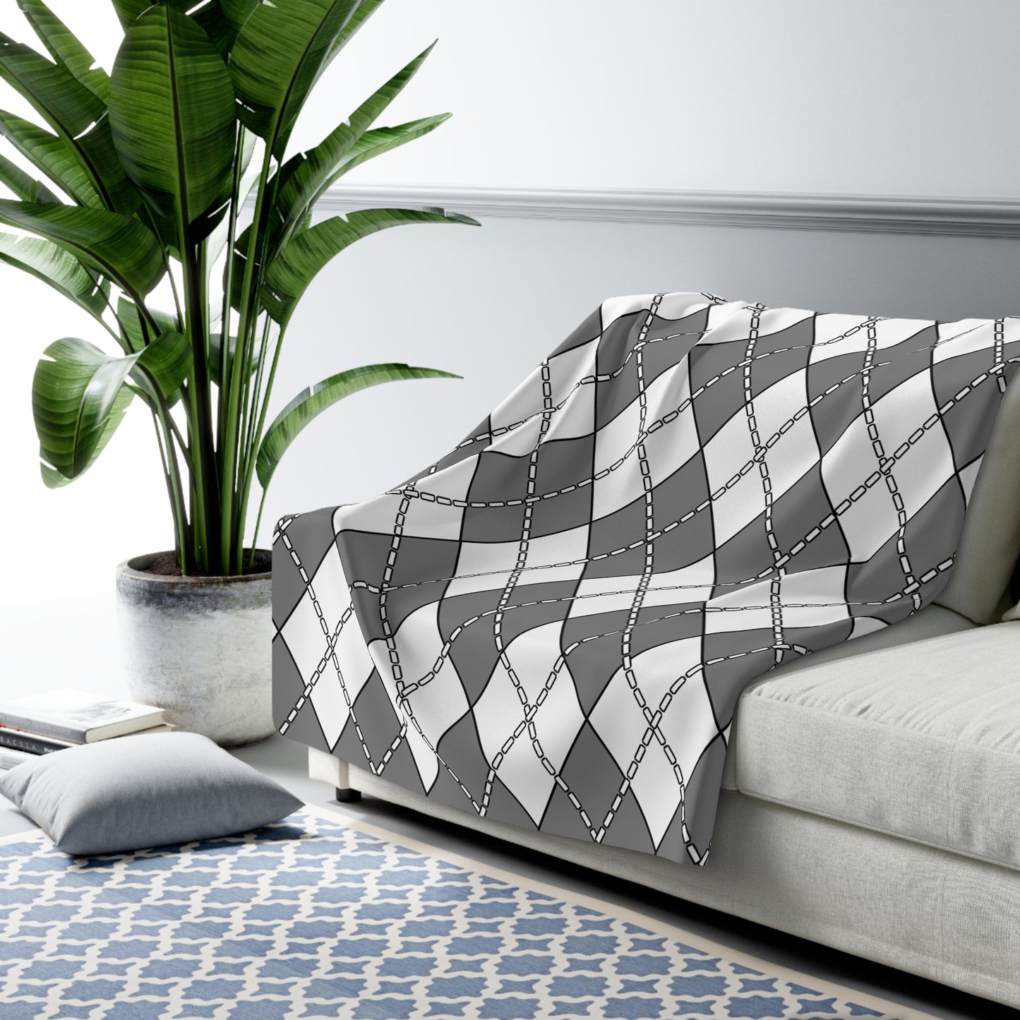 Grey, White Retro Argyle Blanket Throw