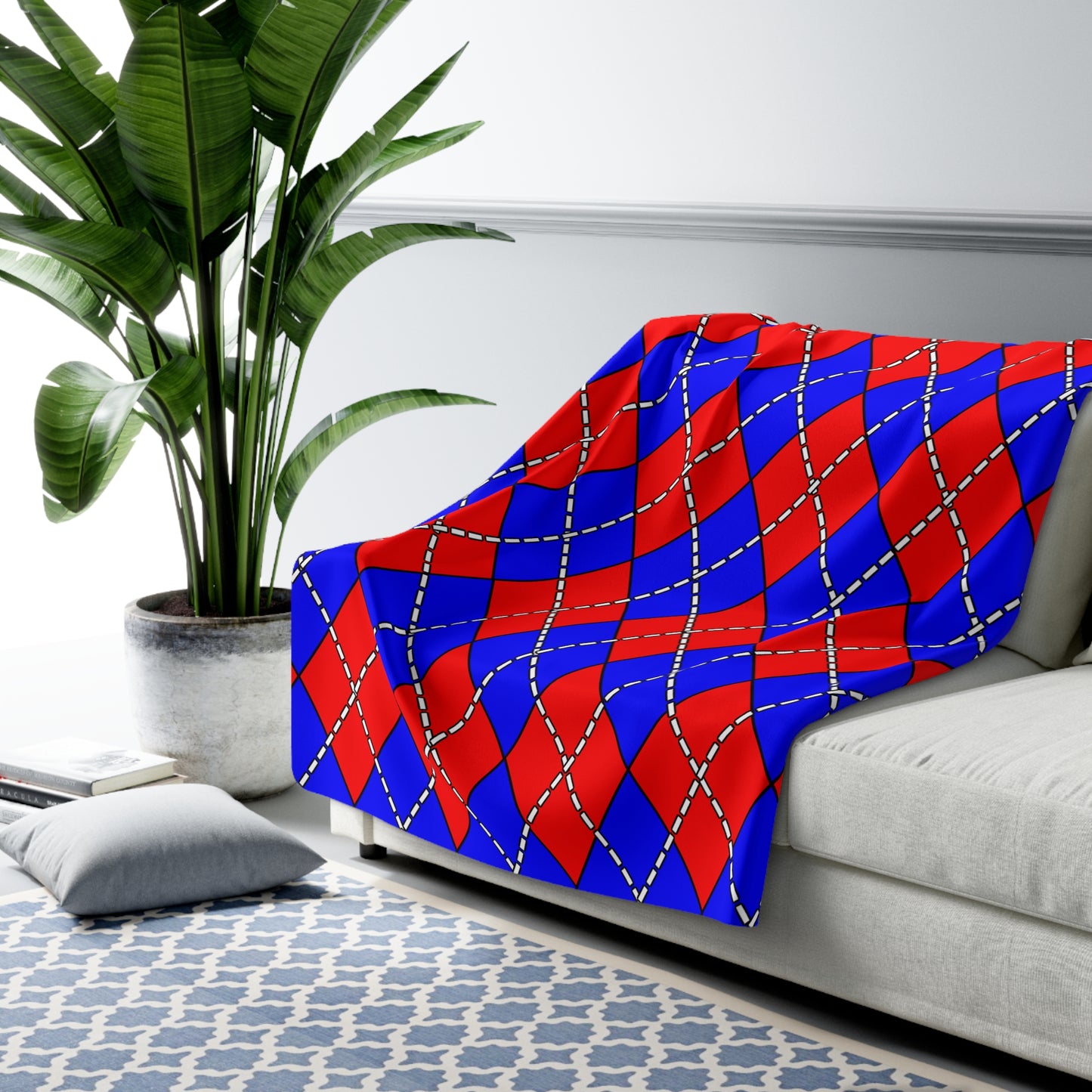 Blue, Red Retro Argyle Blanket Throw