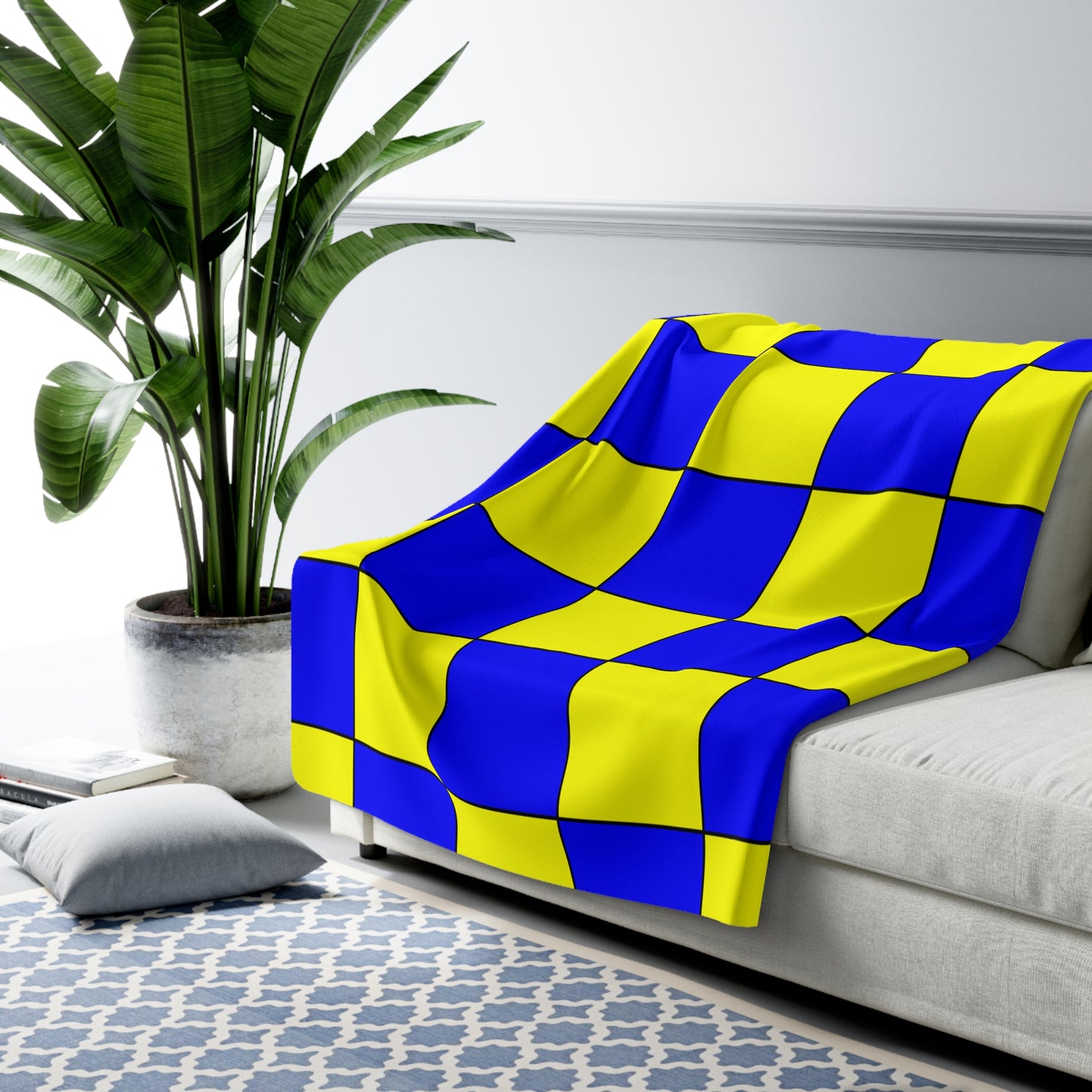 Blue, Yellow Retro Check Blanket Throw