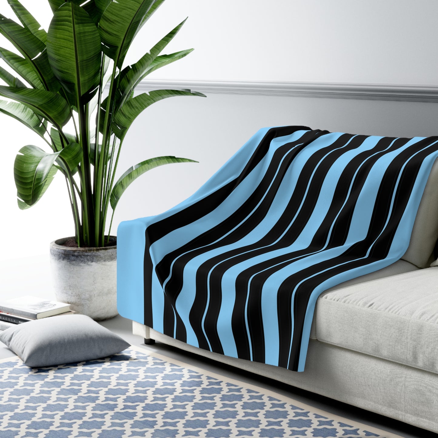 Light Blue, Black Retro Stripes Blanket Throw