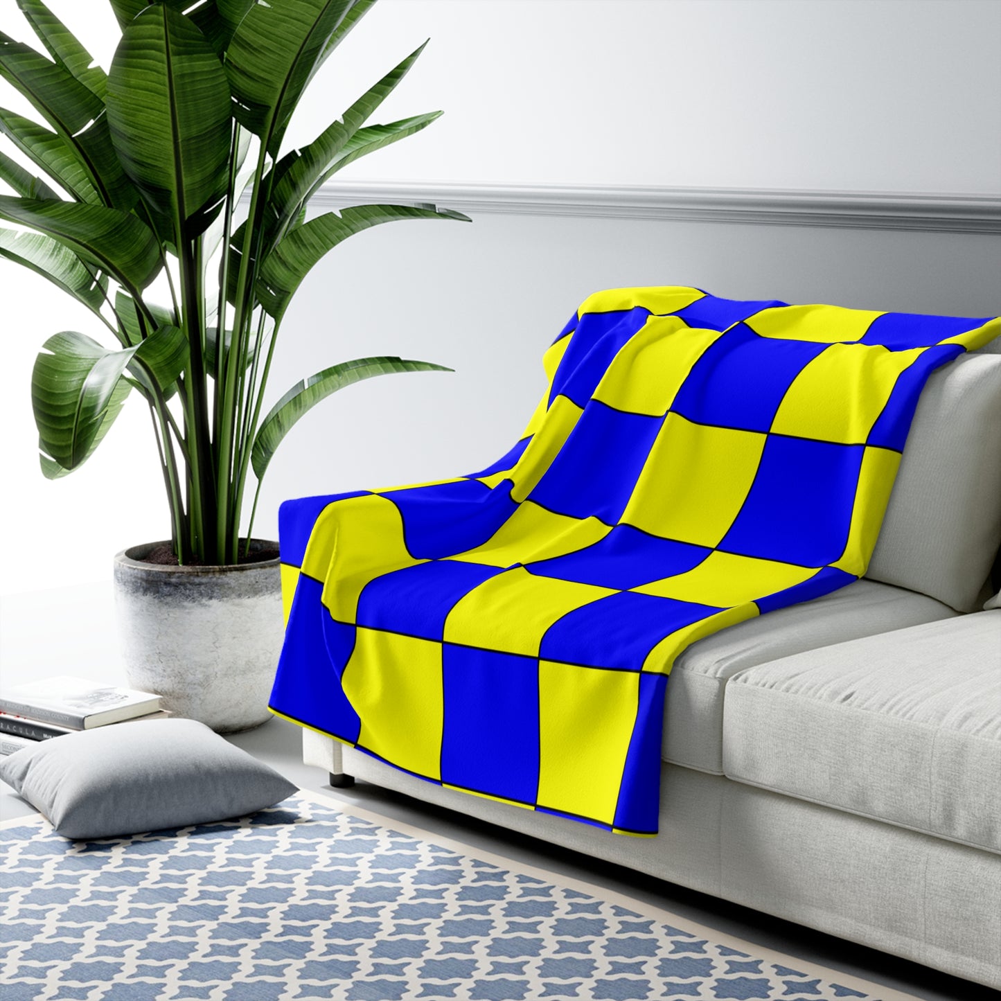 Yellow, Blue Retro Check Blanket Throw