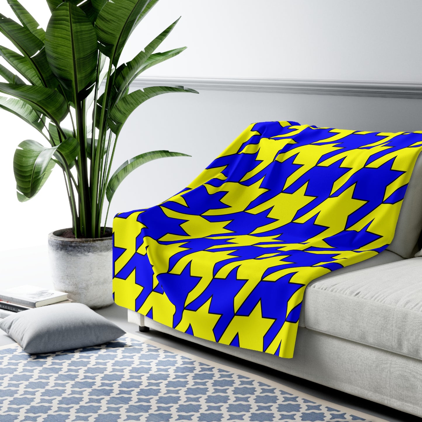 Blue, Yellow Retro Houndstooth Blanket Throw