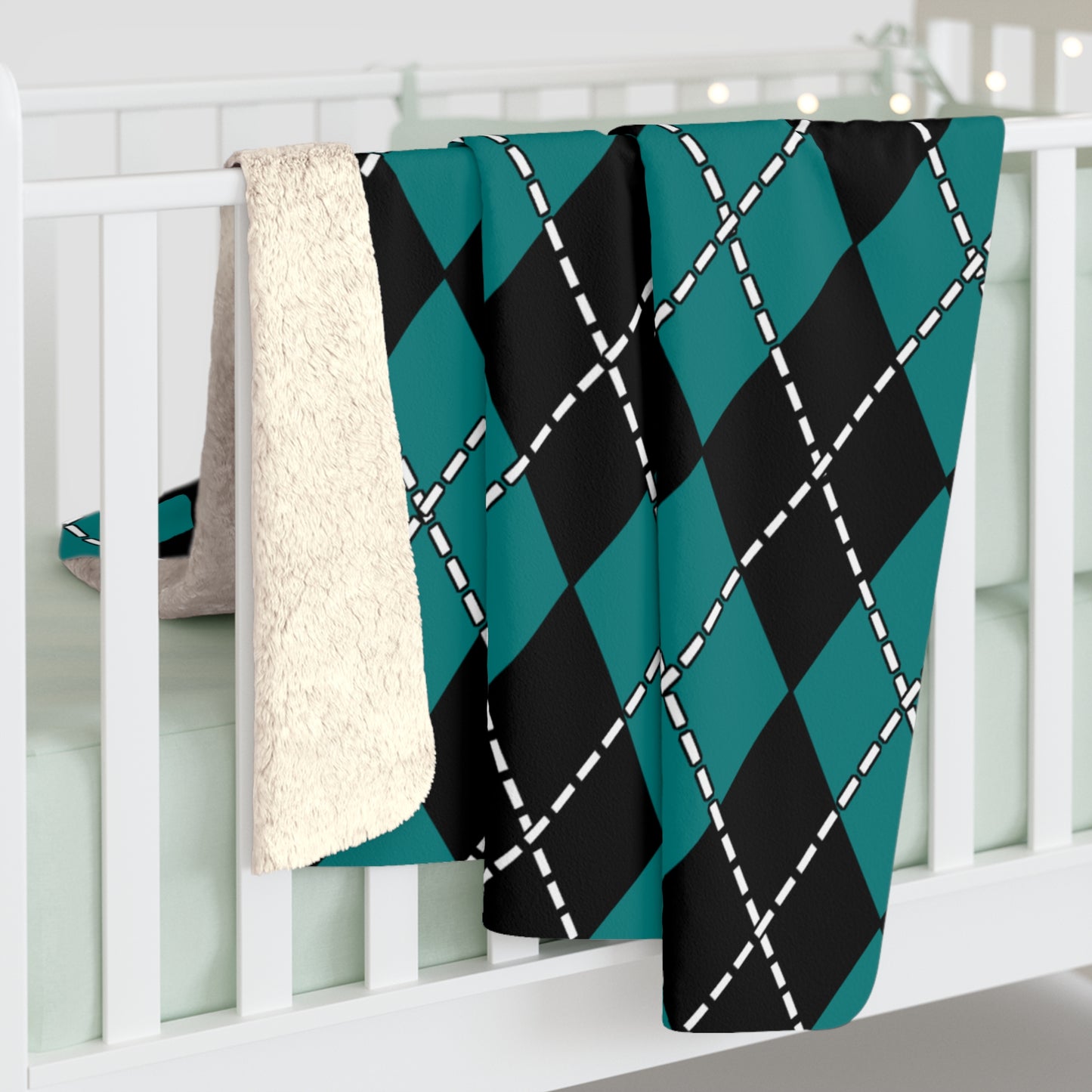 Teal, Black Retro Argyle Blanket Throw