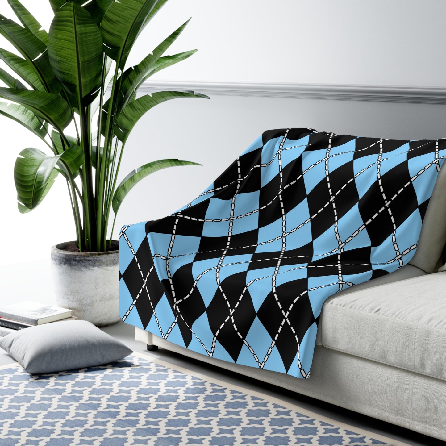 Light Blue, Black Retro Argyle Blanket Throw