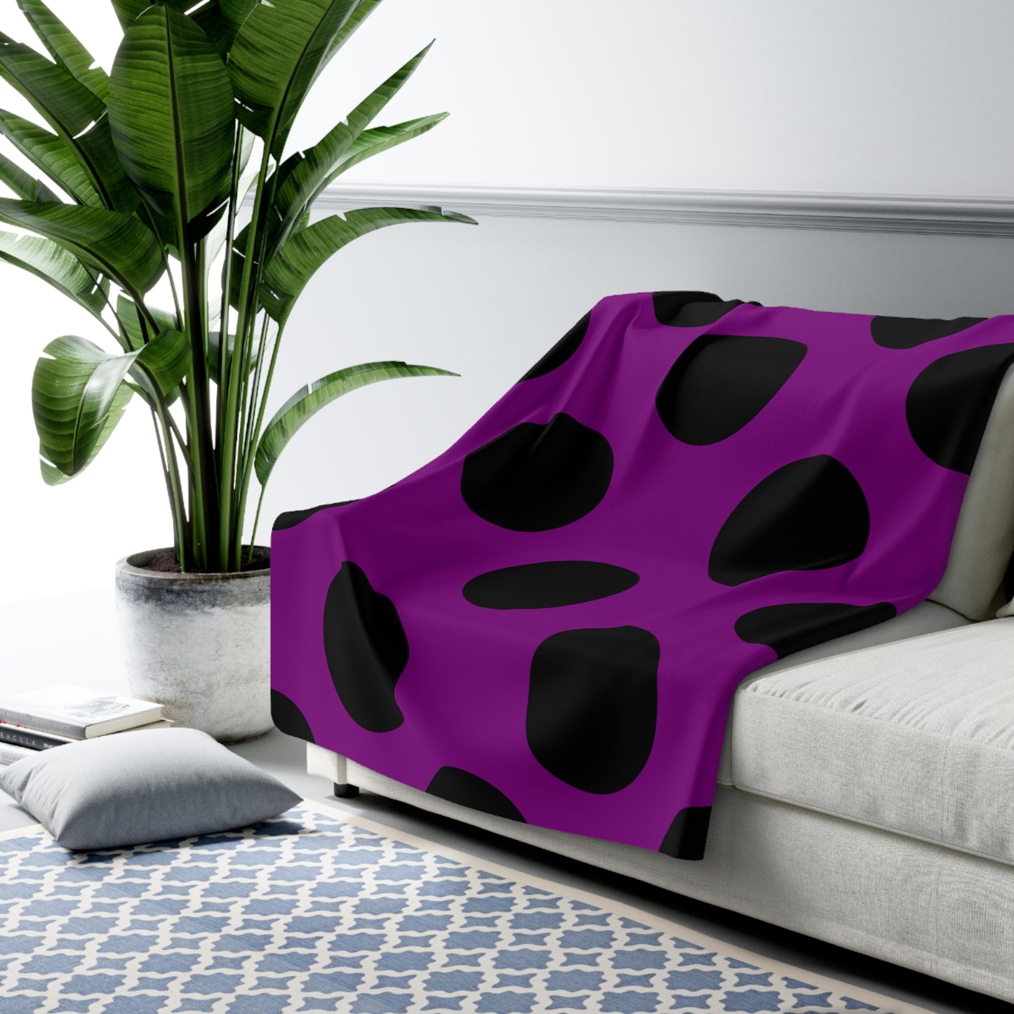 Purple, Black Retro Polka Dots Blanket Throw
