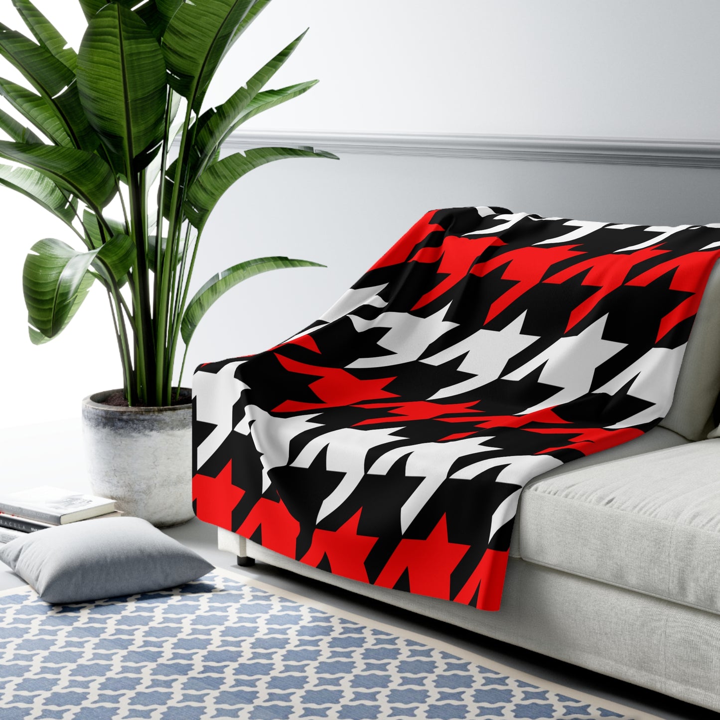 Black, White, Red Retro Houndstooth Blanket Throw