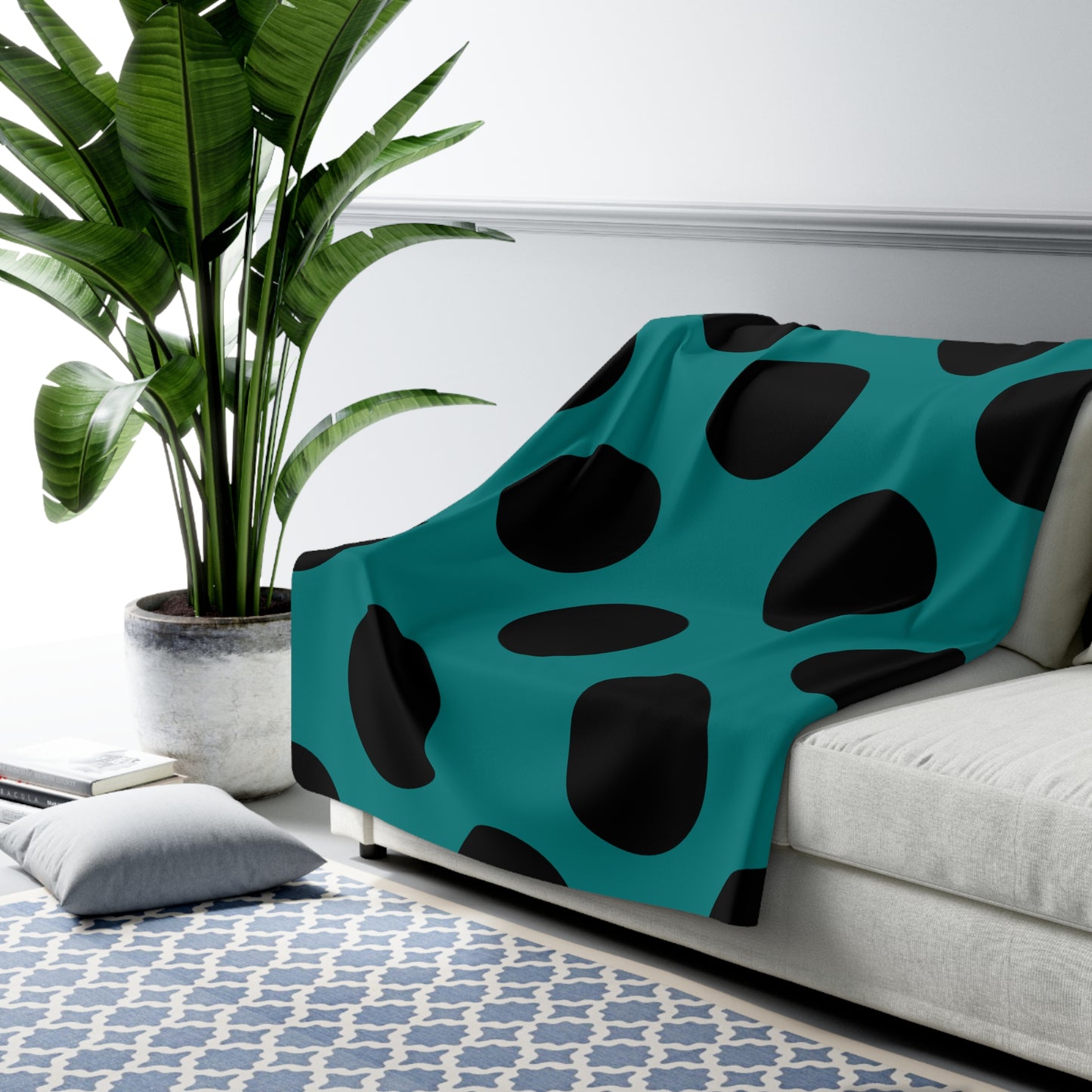 Teal, Black Retro Polka Dots Blanket Throw