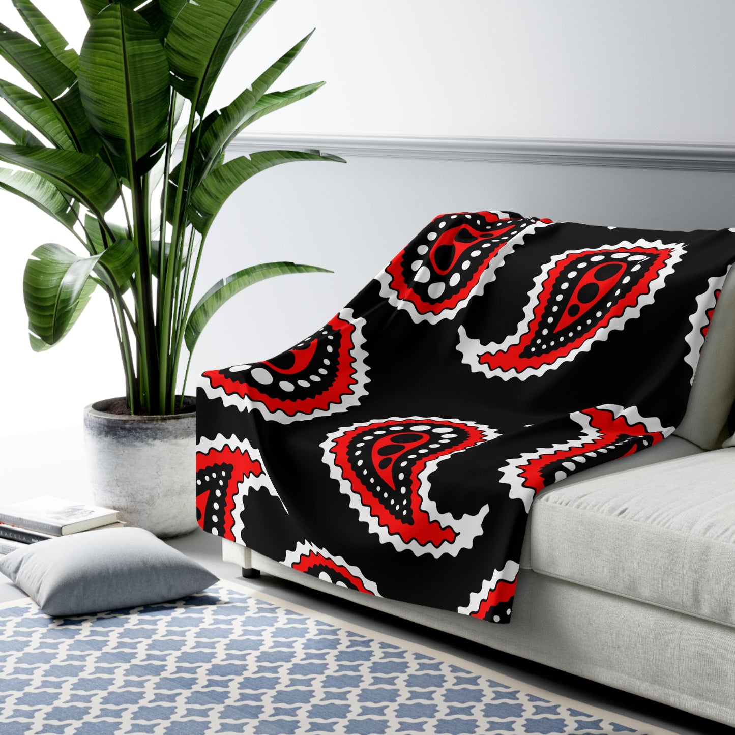 Black, White, Red Retro Paisley Blanket Throw