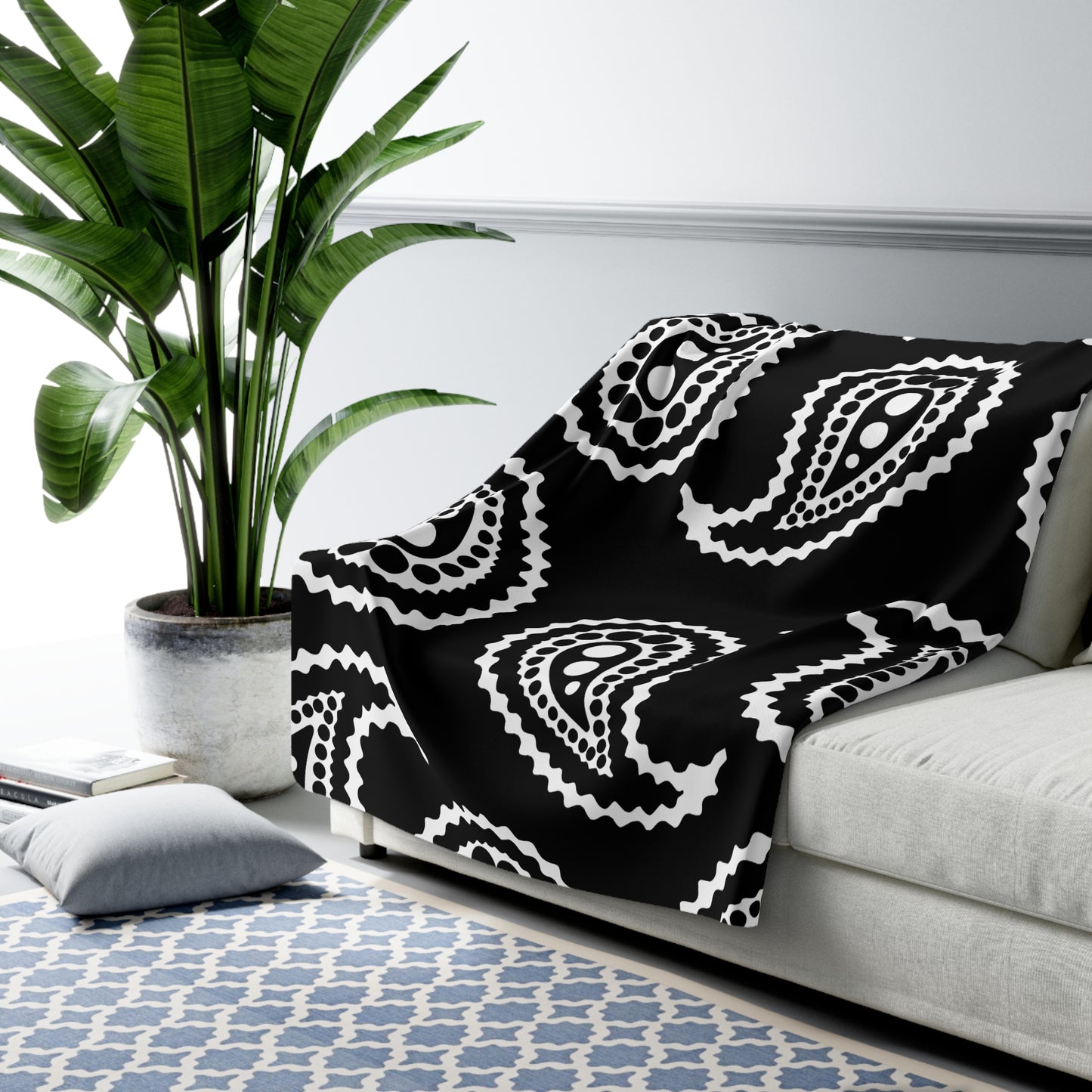 Black, White Retro Paisley Blanket Throw