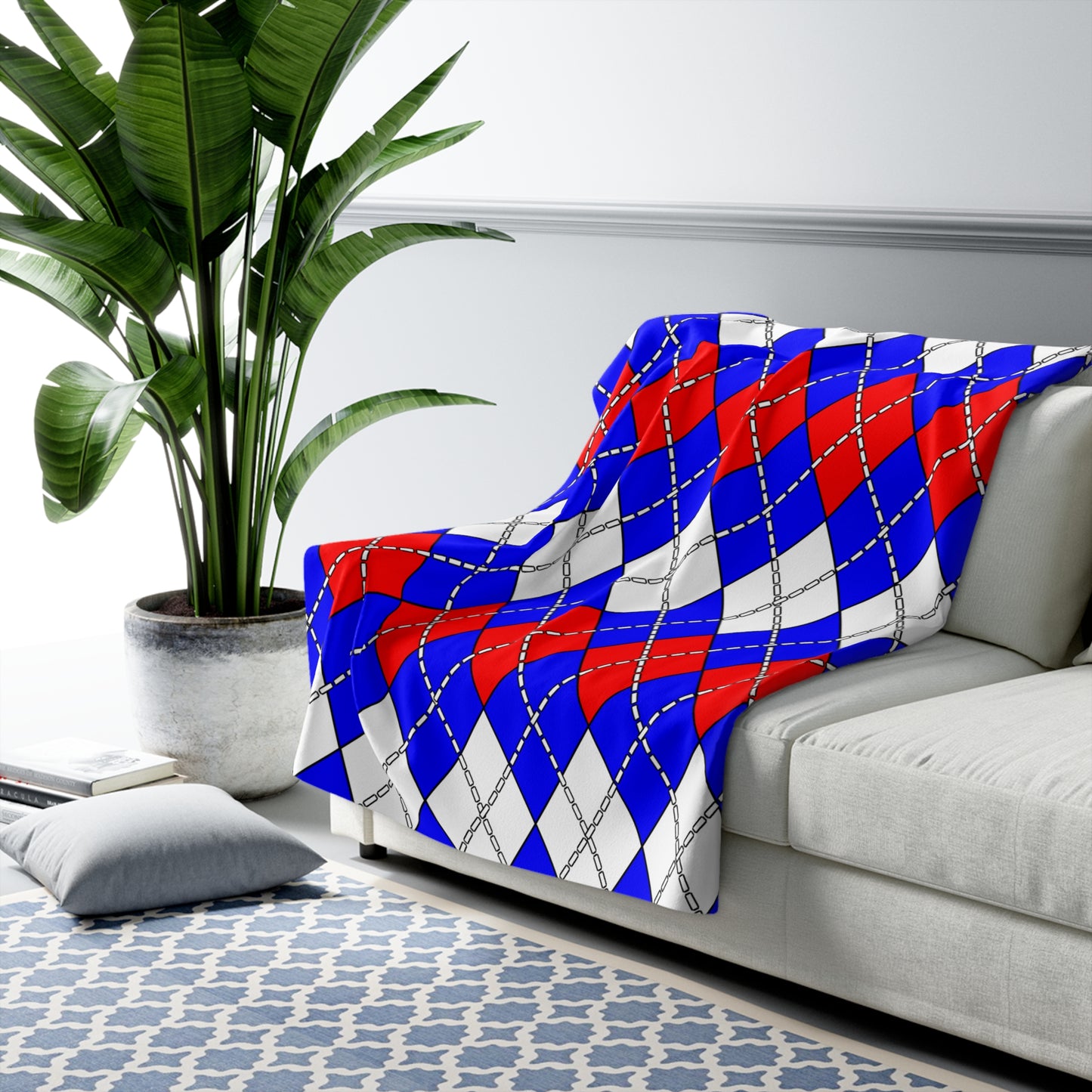 Blue, White, Red Retro Argyle Blanket Throw