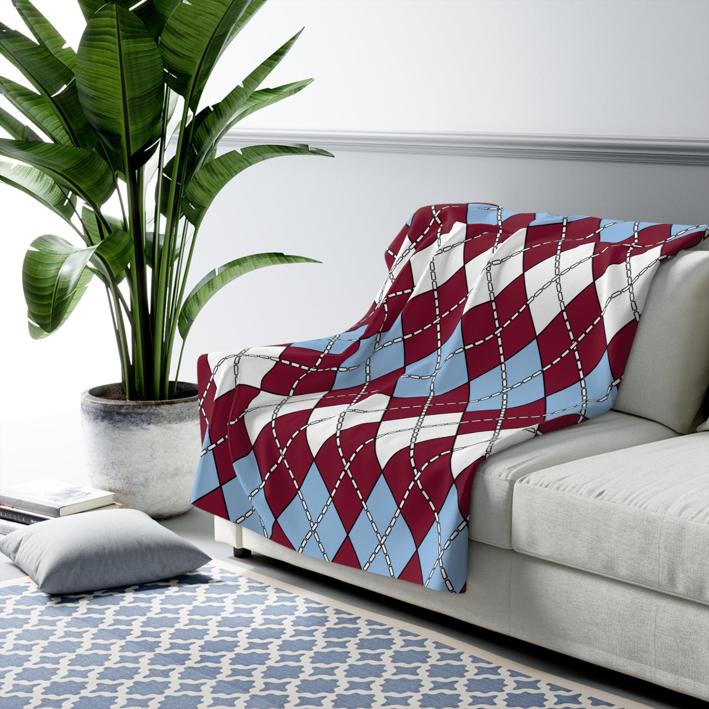 Claret, Blue, White Retro Argyle Blanket Throw