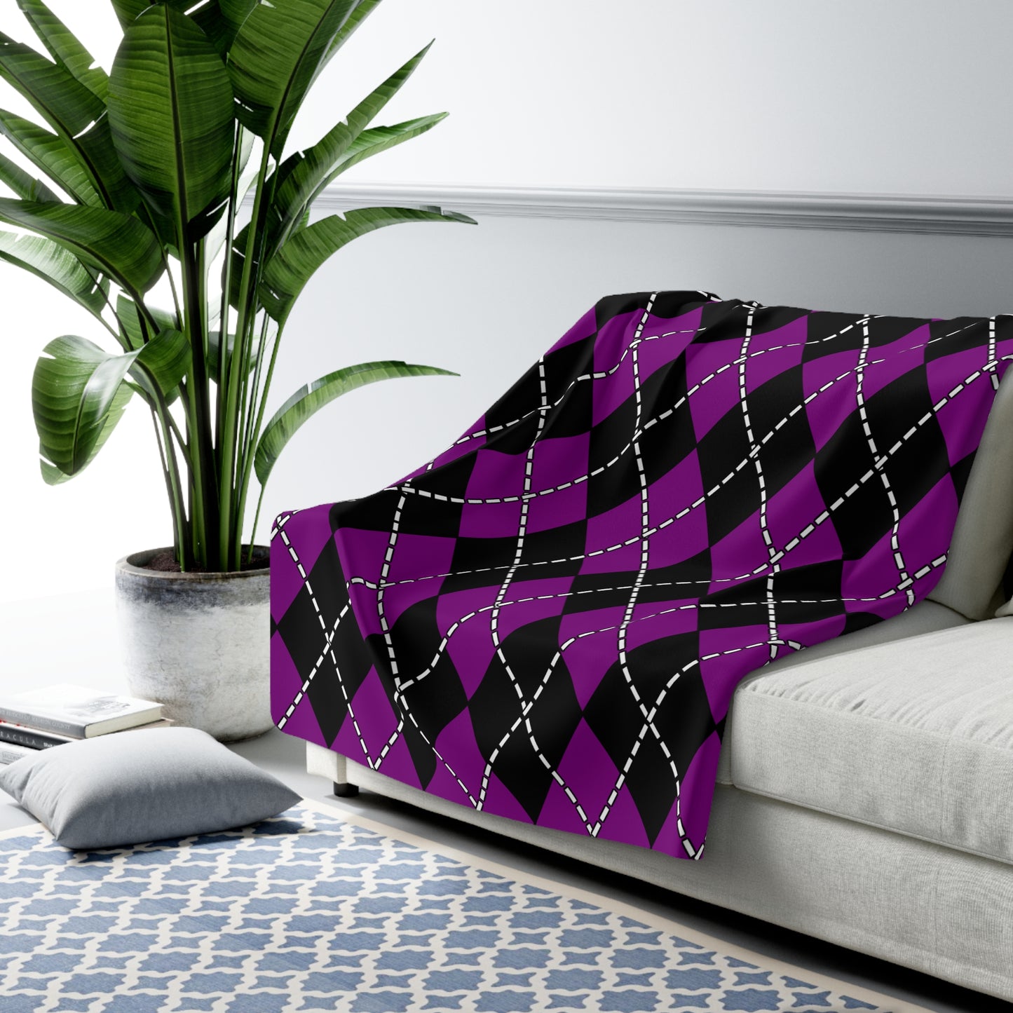 Purple, Black Retro Argyle Blanket Throw