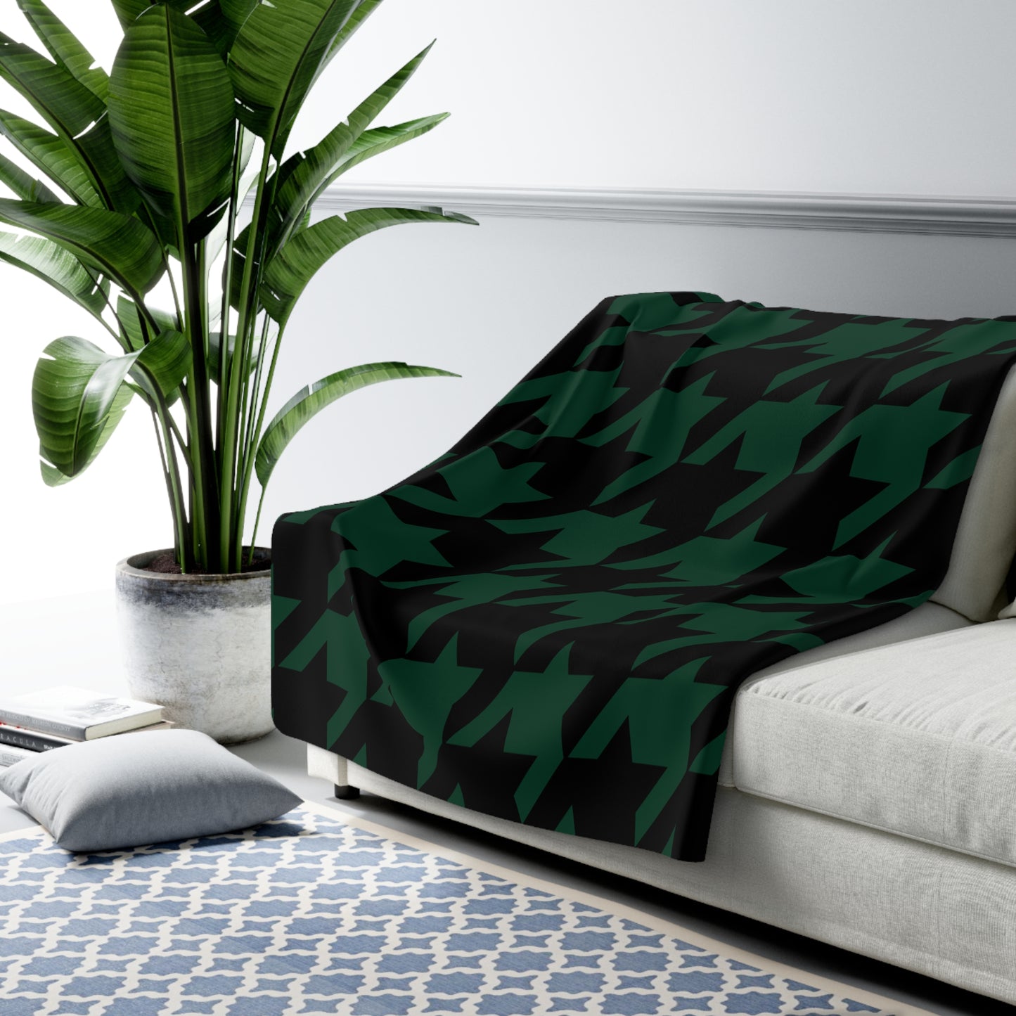 Dark Green, Black Retro Houndstooth Blanket Throw