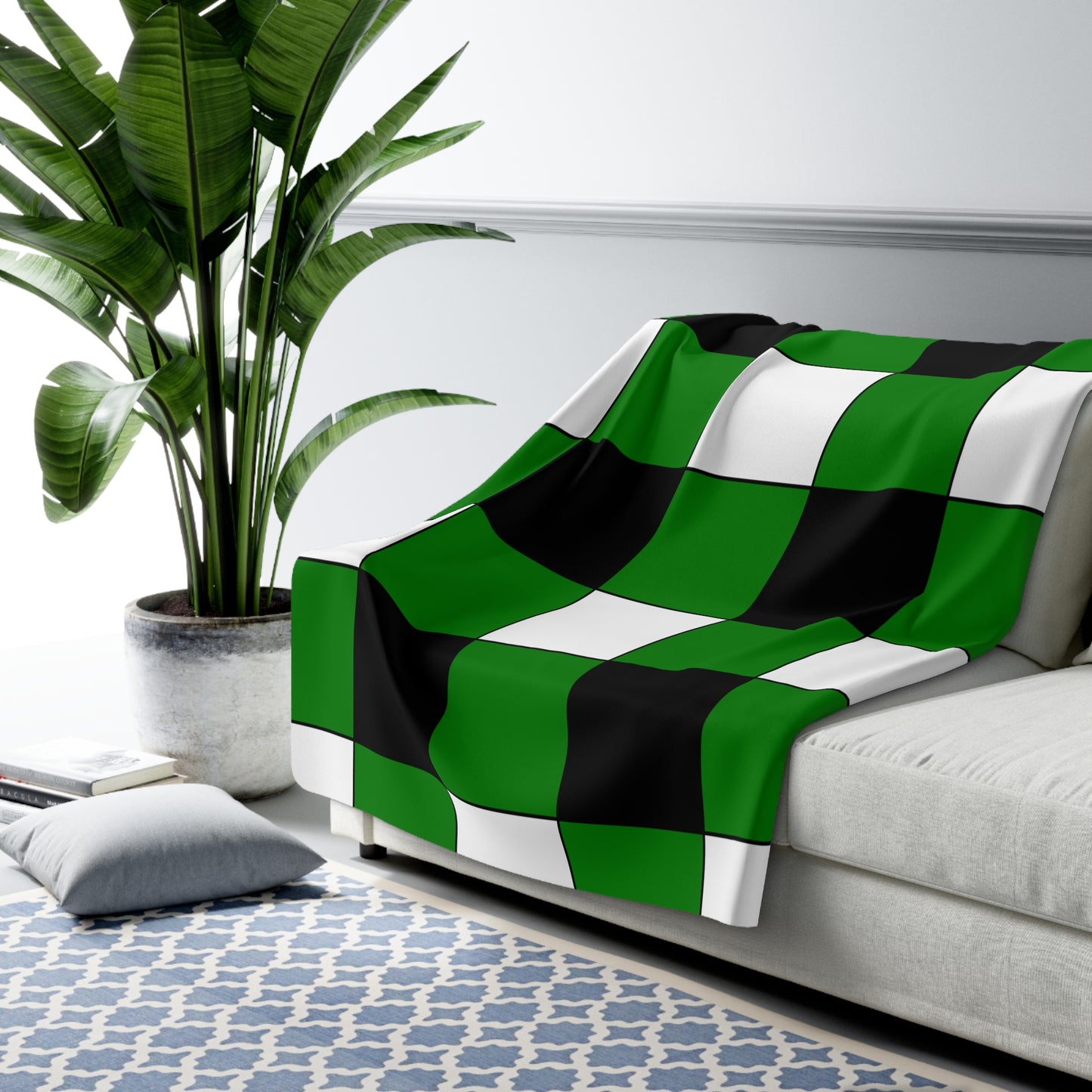 Green, Black, White Retro Check Blanket Throw
