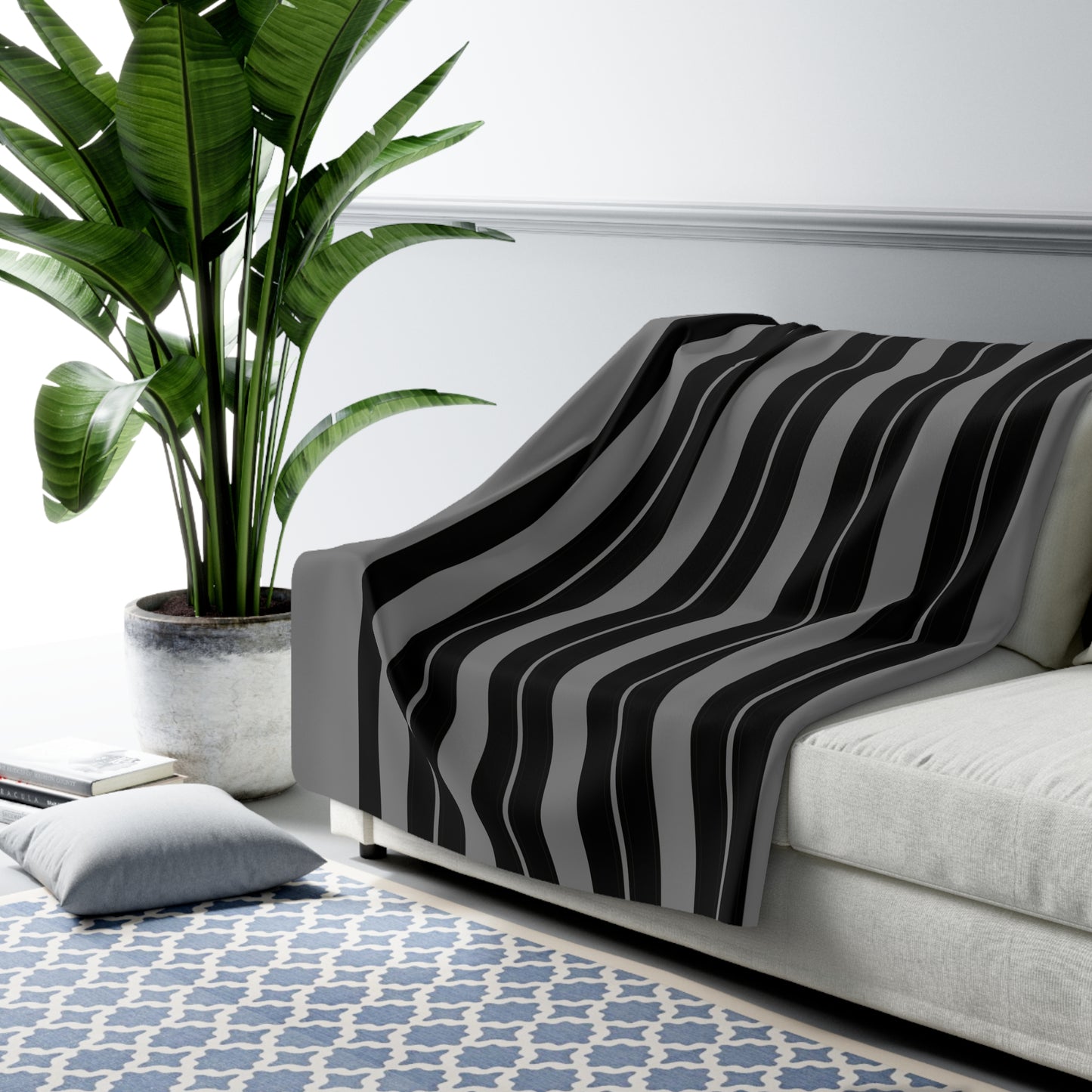 Grey, Black Retro Stripes Blanket Throw
