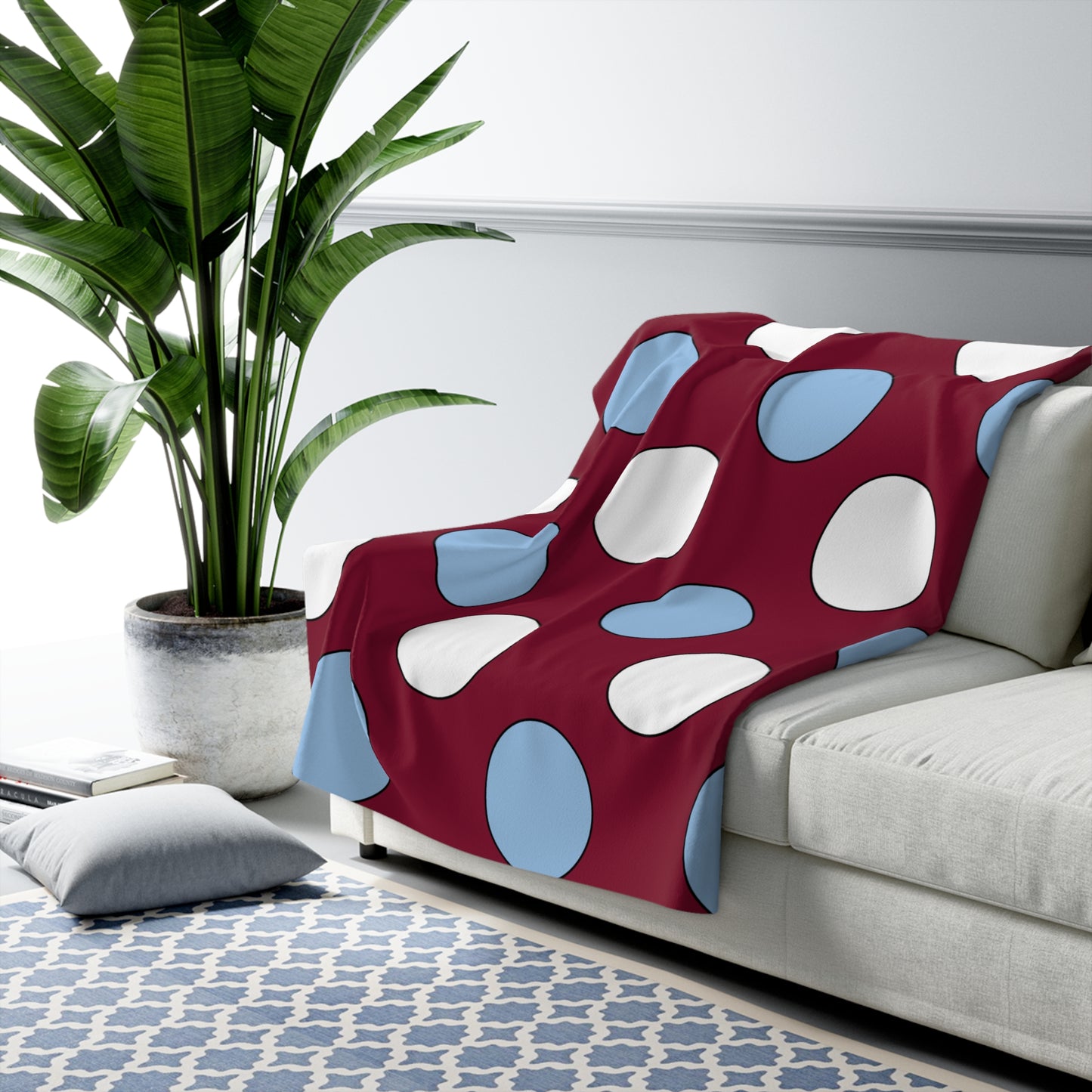 Claret, Blue, White Retro Polka Blanket Throw