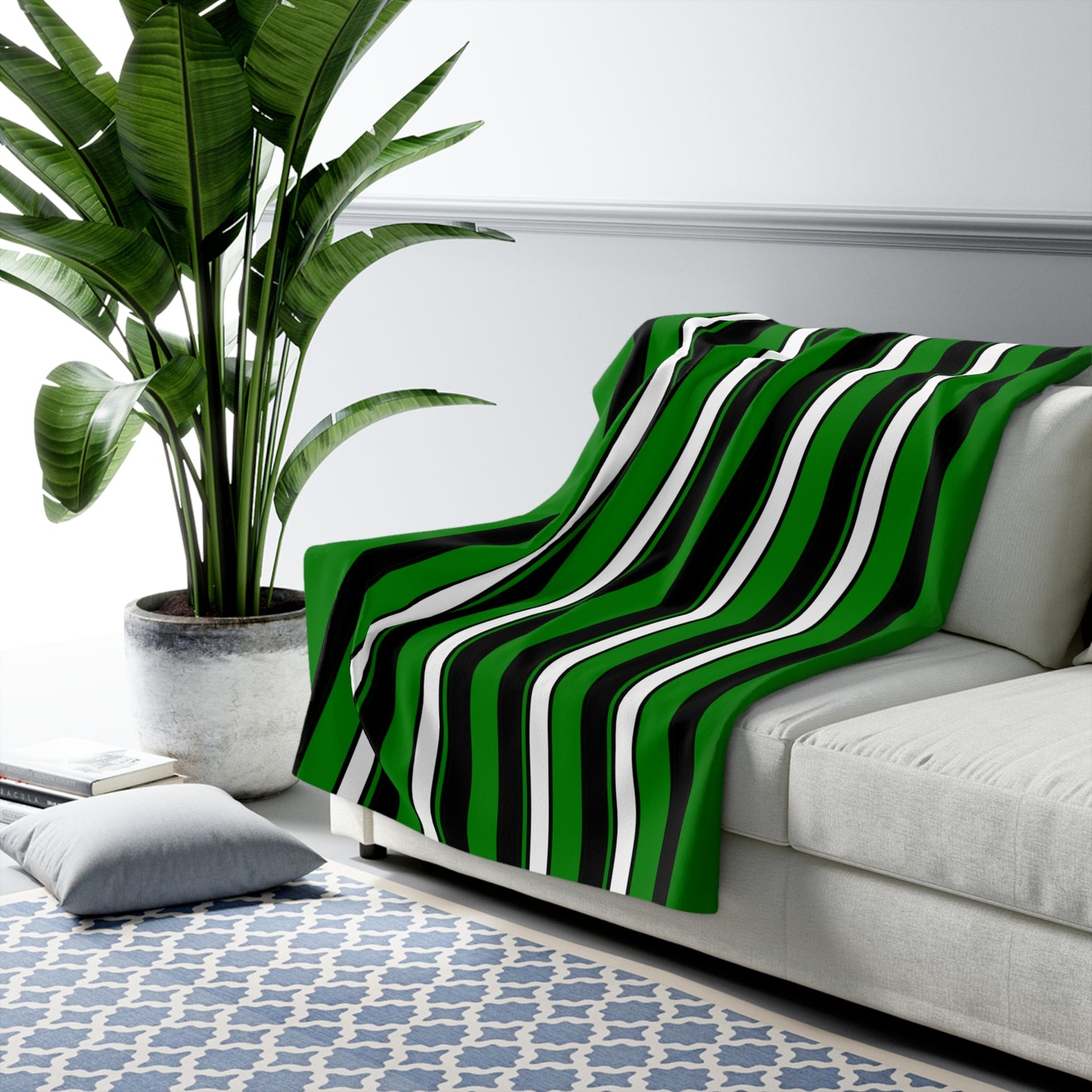 Green, Black, White Retro Stripes Blanket Throw