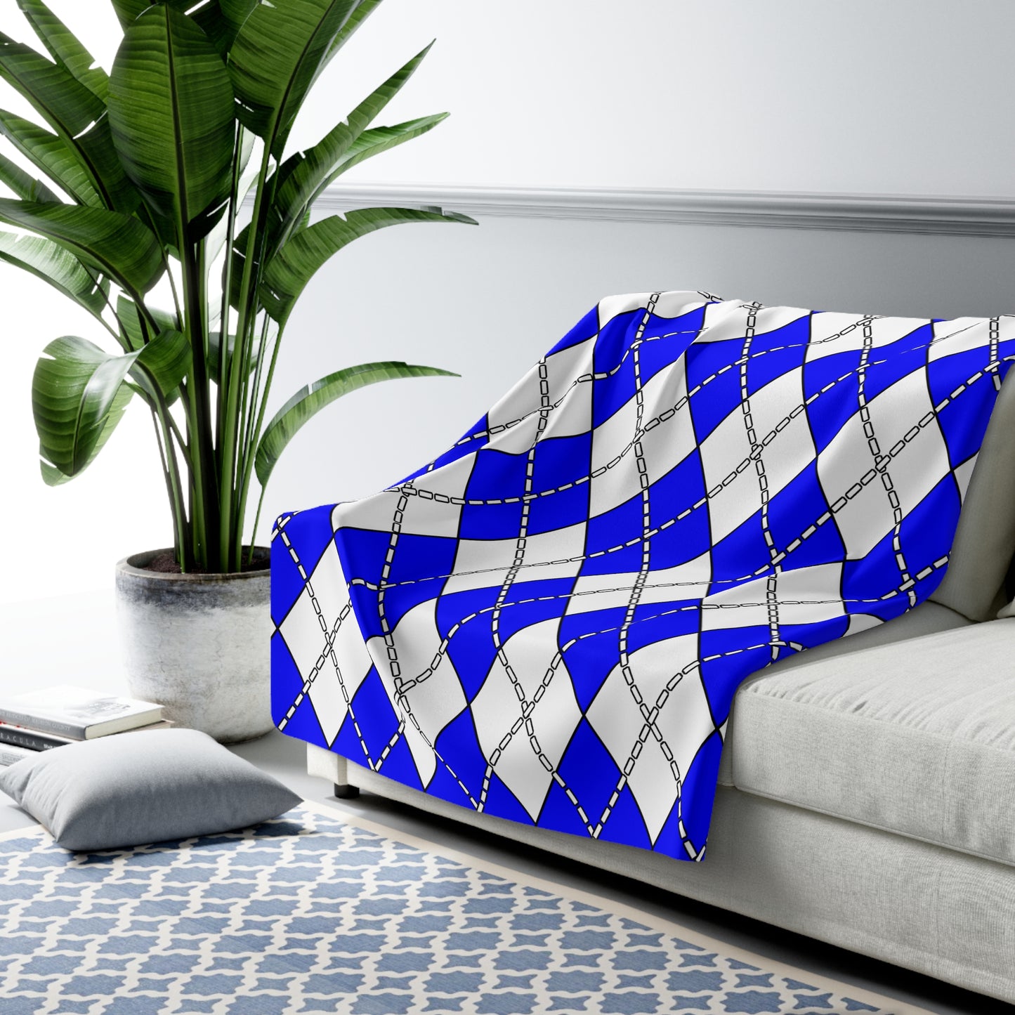 Blue, White Retro Argyle Blanket Throw