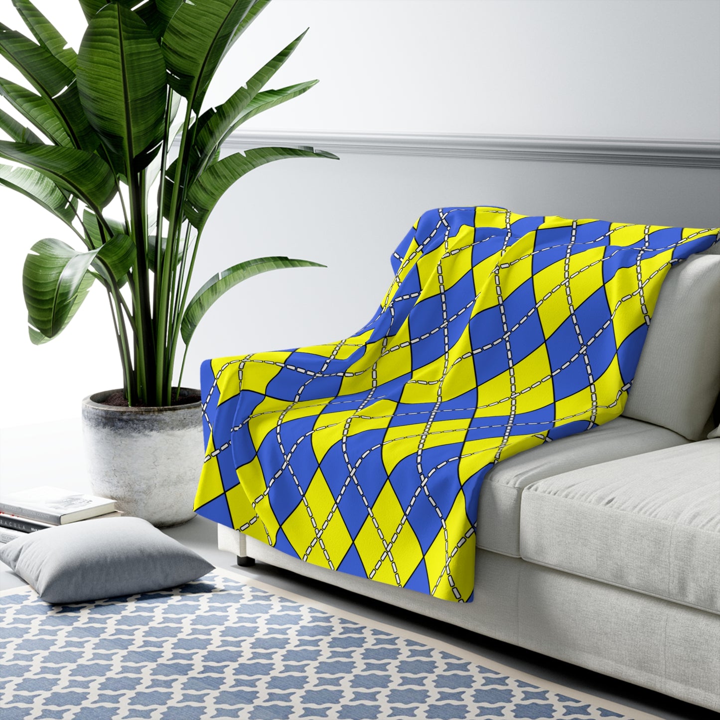 Royal Blue, Yellow Retro Argyle Blanket Throw