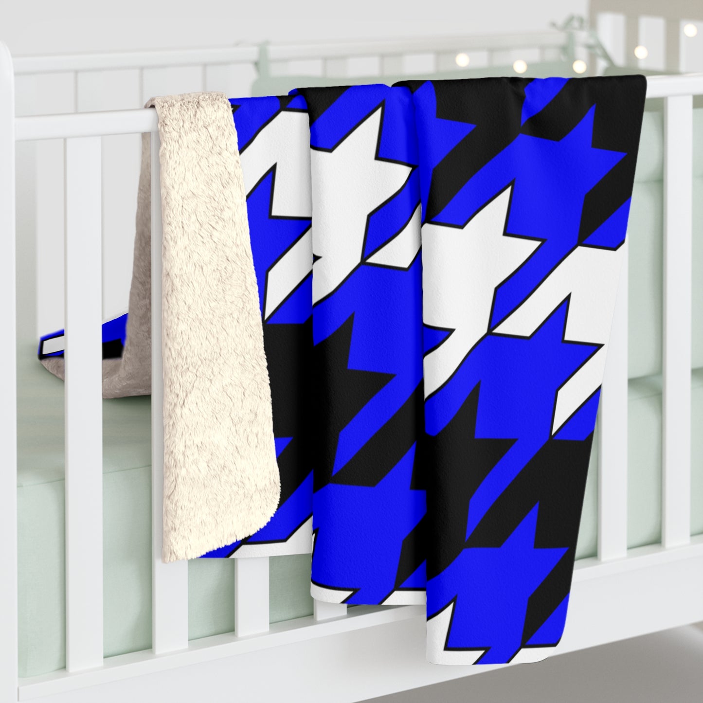 Blue, Black, White Retro Houndstooth Blanket Throw