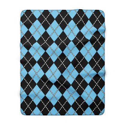 Sky Blue, Black Retro Argyle Blanket Throw