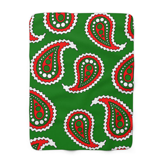 Green, White, Red Retro Paisley Blanket Throw