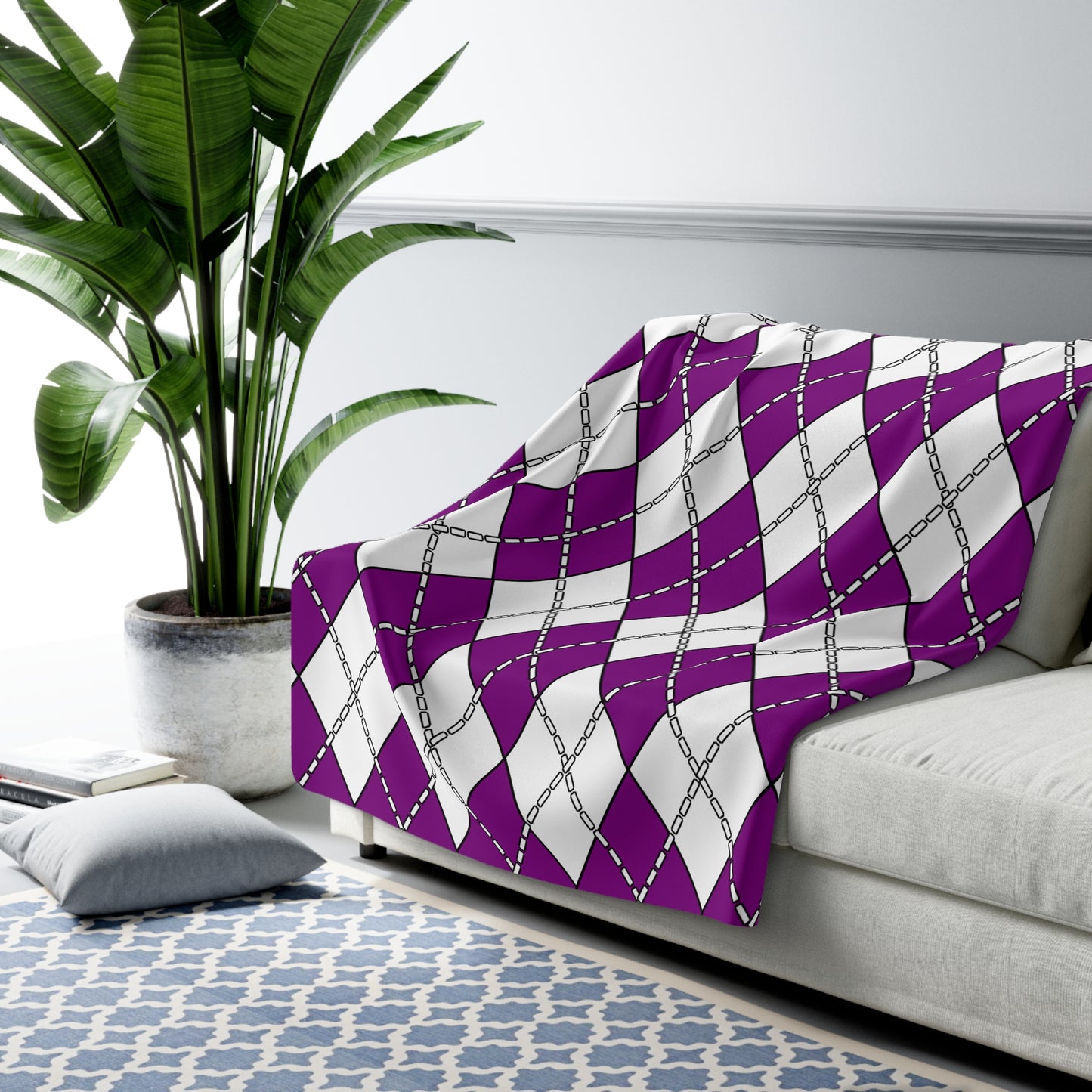 Purple, White Retro Argyle Blanket Throw