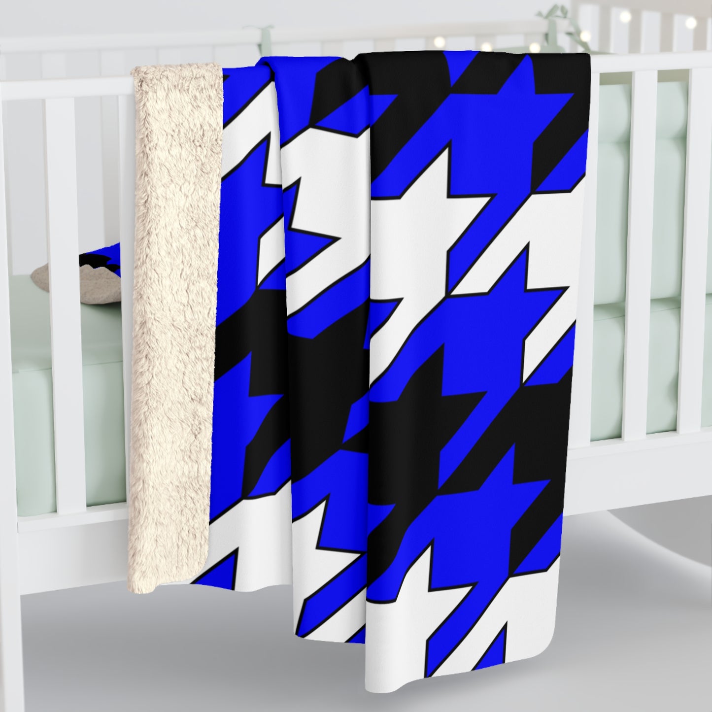Blue, Black, White Retro Houndstooth Blanket Throw