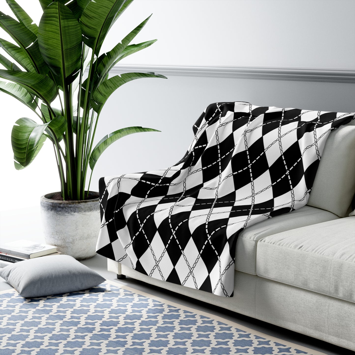 Black, White Retro Argyle Blanket Throw