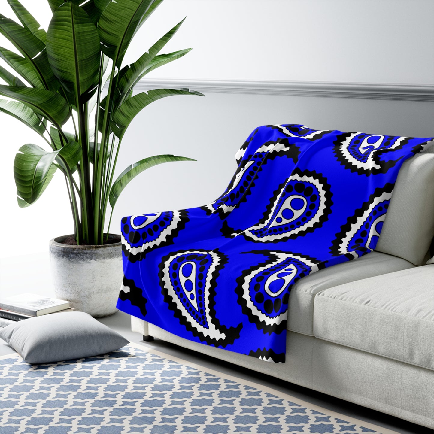 Blue, Black, White Retro Paisley Blanket Throw