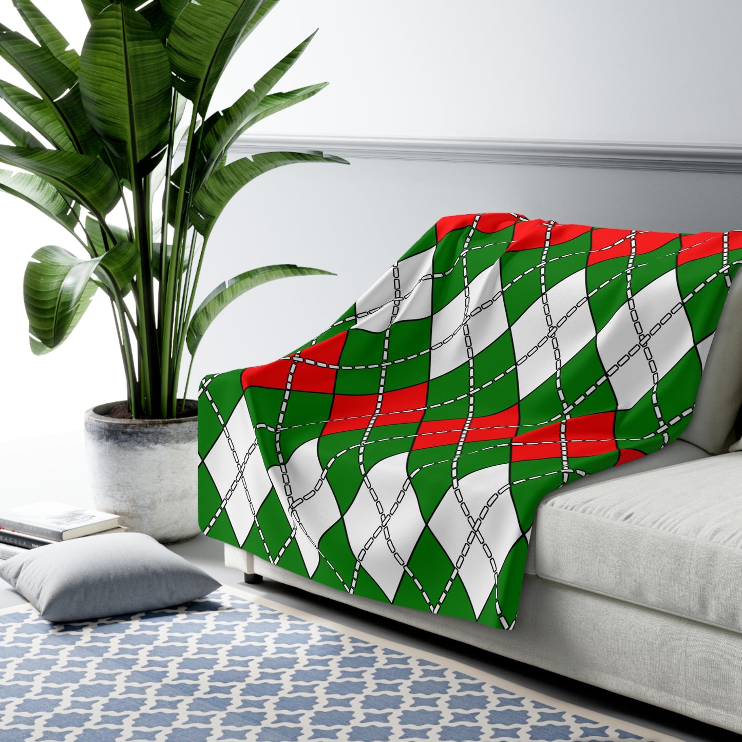 Green, White, Red Retro Argyle Blanket Throw