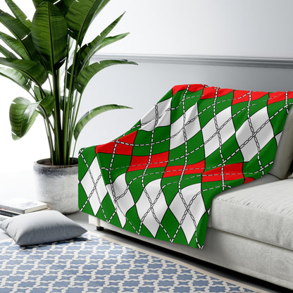 Green, White, Red Retro Argyle Blanket Throw