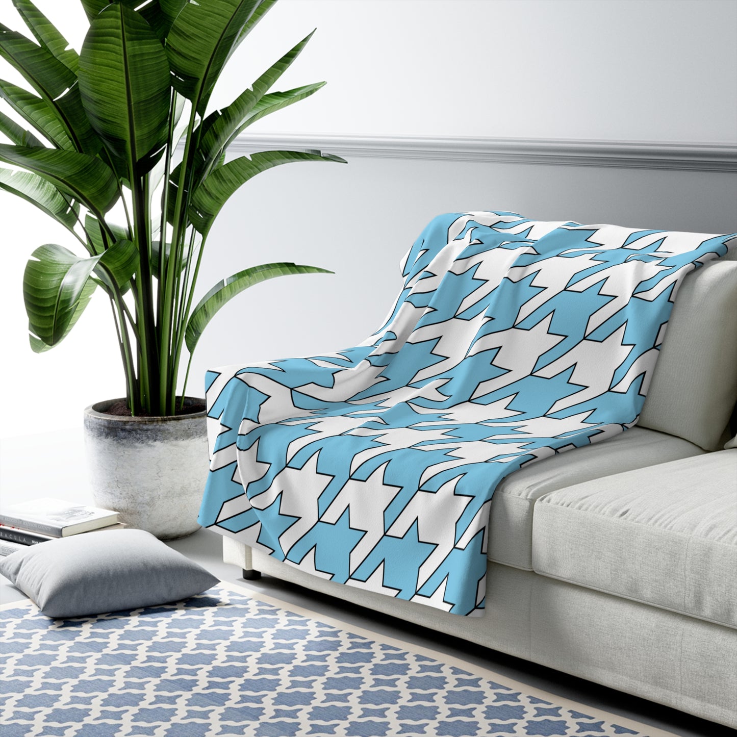Sky Blue, White Retro Houndstooth Blanket Throw
