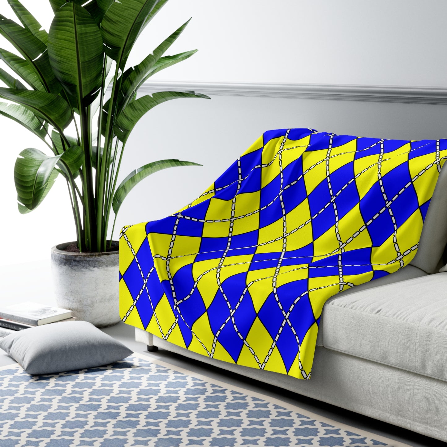 Yellow, Blue Retro Argyle Blanket Throw
