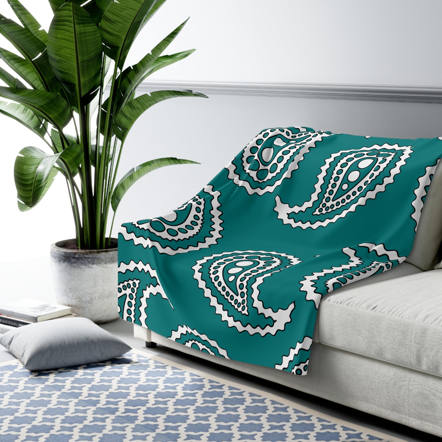 Teal, White Retro Paisley Blanket Throw