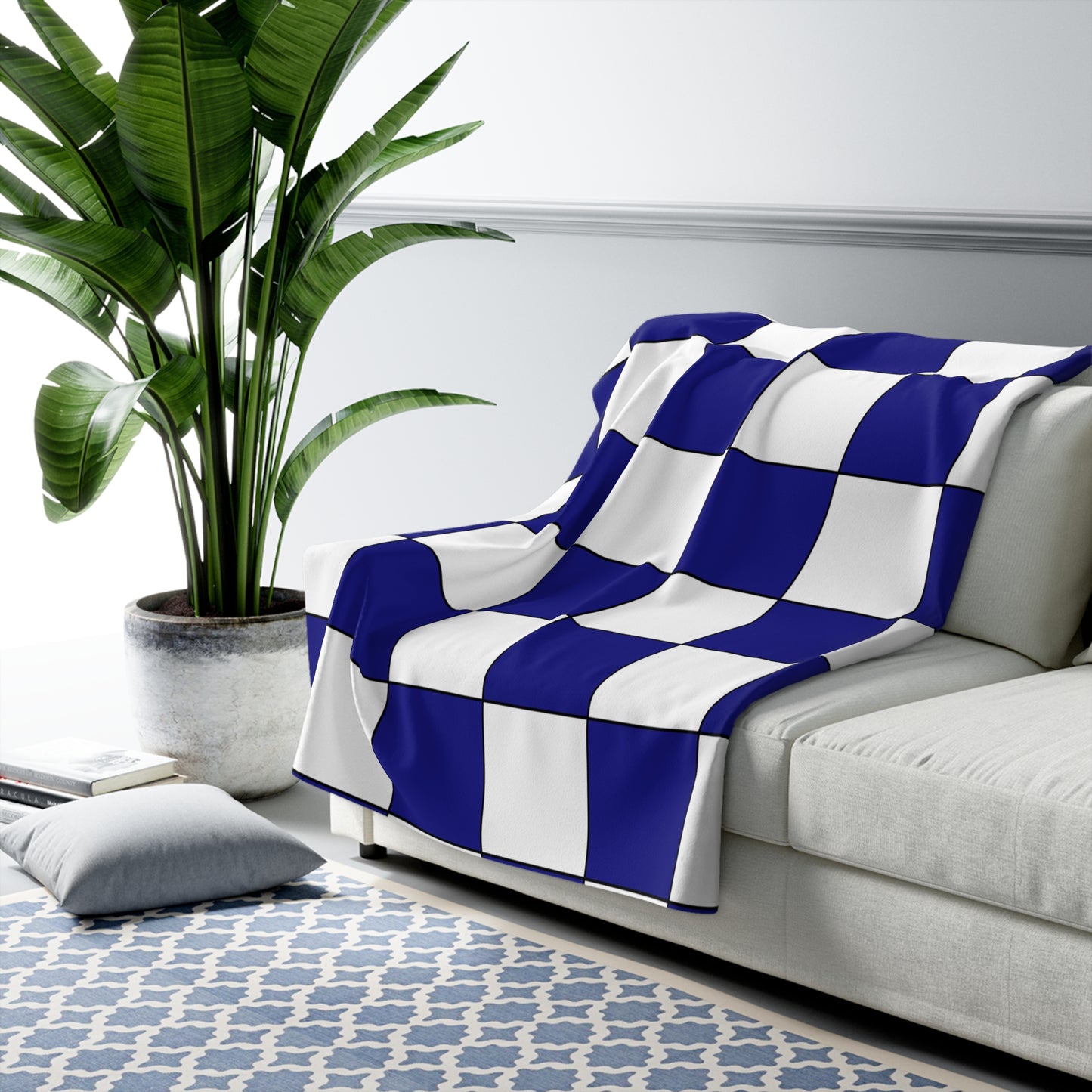 Navy Blue, White Retro Check Blanket Throw