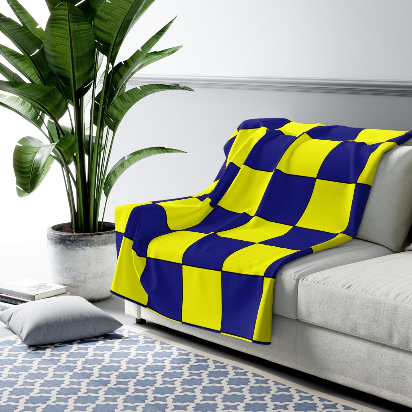 Navy Blue, Yellow Retro Check Blanket Throw